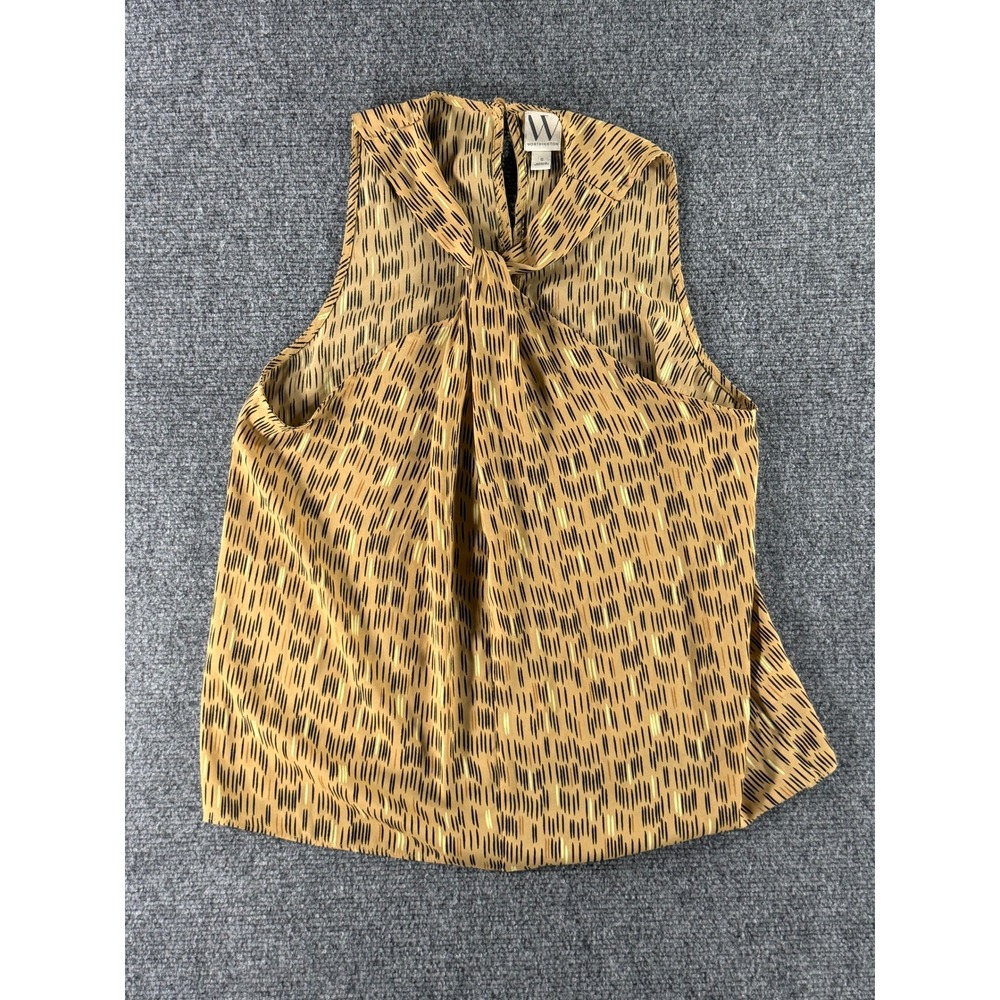 Worthington Women Small Tan Black Gold Metallic Dash Print Knot Neck Blouse Top